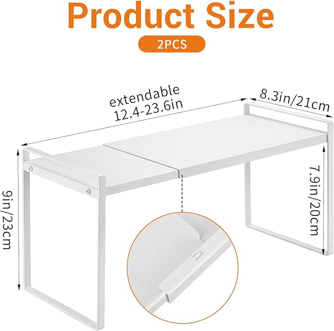 Kenaoeoe Expandable Cabinet Shelf Organizer Riser Adjustable Kitchen Cabinet Organizer for Pantry Cupboard Under Sink Countertop, Space Saver Storage Rack, White