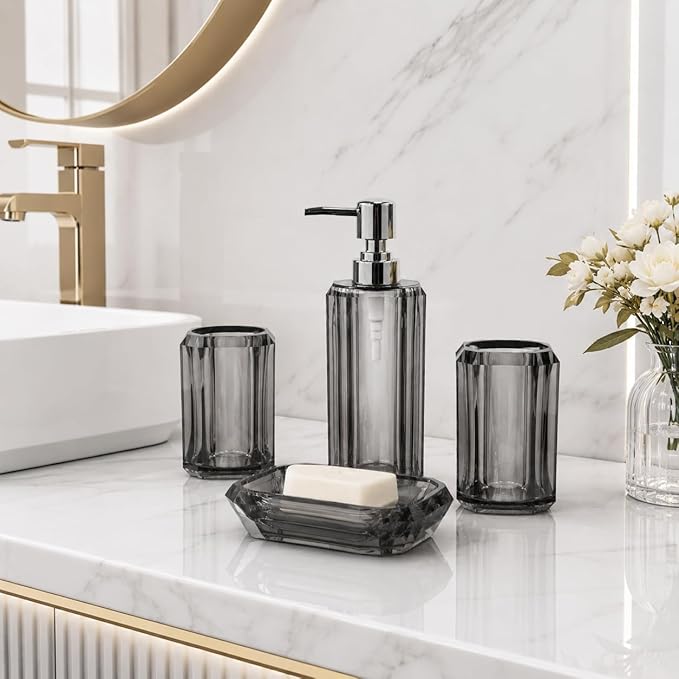 4-Piece Modern Gray Bathroom Accessories Set — Soap Dispenser, Soap Dish, Mouthwash Cup & Toothbrush Holder, Glossy Acrylic with Gray Finish, Vanity Countertop Organizer