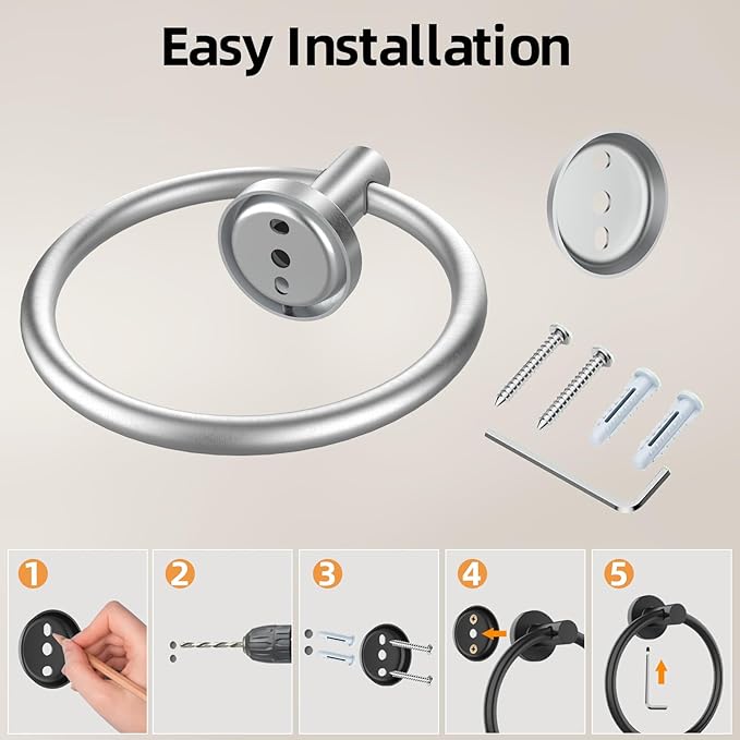 Brushed Silver Towel Ring, SUS304 Stainless Steel Hand Towel Holder for Bathroom Kitchen, Modern Style Towel Hanger, Thicken Ring Towel Holder, Towel Rack Round Wall Mounted (1, Brushed Silver)