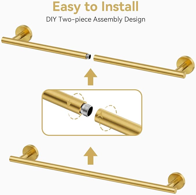 Brushed Gold Towel Bar, 24 Inch Towel Rack for Bathroom Wall-Mounted, SUS304 Stainless Steel, Total Length 26 Inch