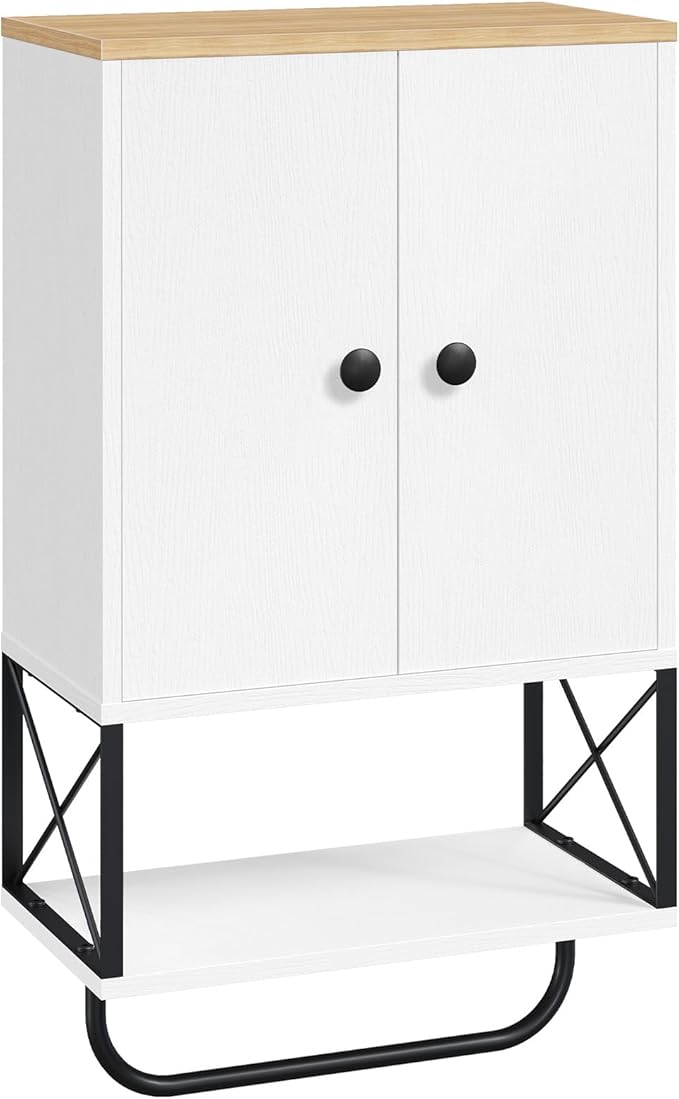 MAHANCRIS Bathroom Wall Cabinet with 2 Door and Adjustable Shelf, Medicine Cabinet with Towel Rack, 3-Tier Wall Mounted Storage Cabinet Over The Toilet for Bathroom Laundry Room, White and Natural
