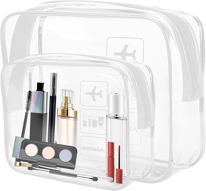 AURUZA 2 Pack Travel Toiletry Bag, Clear Makeup Bag, TSA Approved Cosmetic Bag with Zipper, Clear Organizer Carry on Bag for Women, PVC Cosmetic Pouch