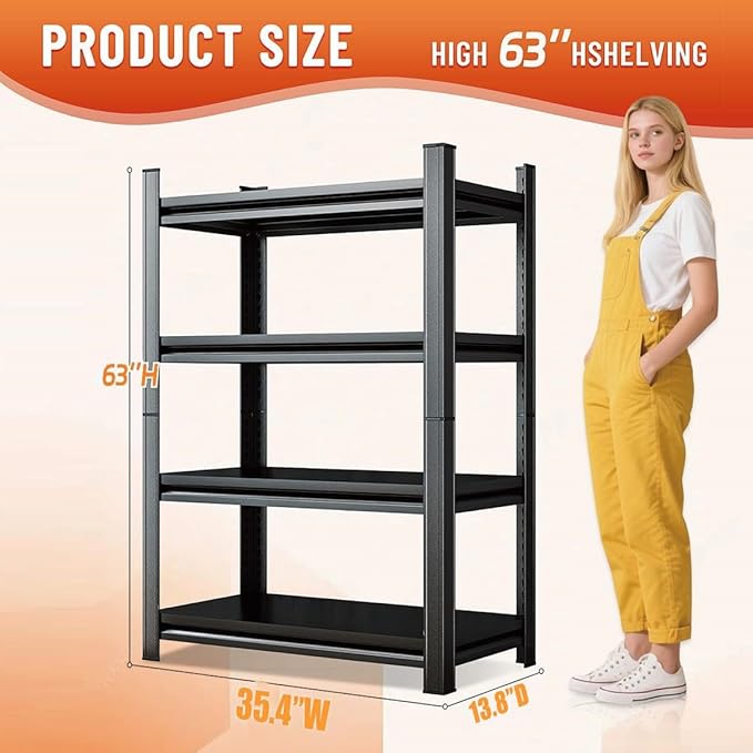 4-Tier Adjustable Multi-Purpose Storage Rack – Space Saving Organizer Shelf for Kitchen, Bathroom, Living Room,Garage – Corrosion-Resistant Metal, (63''H×35.4''W×13.8''D)
