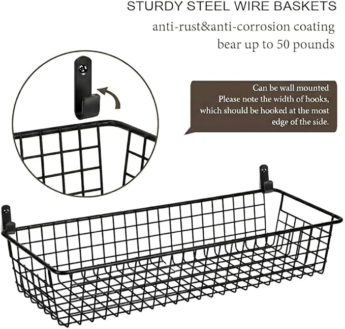 Sheechung Farmhouse Decor Metal Wire Storage Organizer Bin Basket(2 Pack) - Rustic Toilet Paper Holder - Storage Organizer for Bathroom, kitchen cabinets,Pantry, Laundry Room, Closets, Garage (Black)