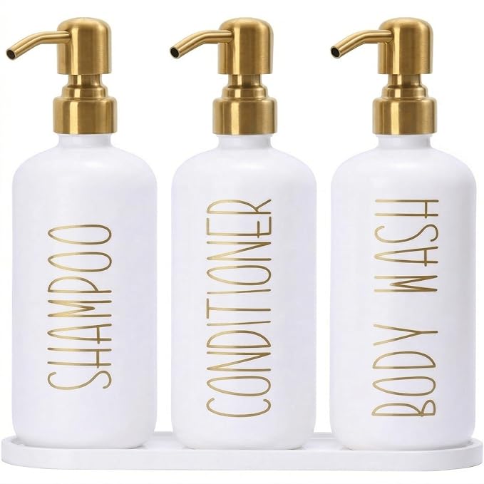 MOMEEMO Shampoo and Conditioner Dispenser Set with Tray, Refillable Shampoo Conditioner Body Wash Dispenser for Shower, Empty Shampoo Bottles with Pump, Bathroom Shower Soap Dispenser Set (Gold)