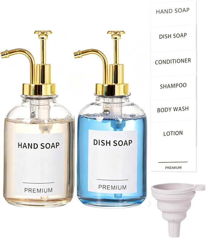 12oz Dish Soap Dispenser for Kitchen, Hand Glass Soap Dispenser Set with Pump, Tray, Funnel for Bathroom, Shower, Laundry, Liquid, Lotion (Gold 2 Pack Clear Bottles with 12 Stickers)