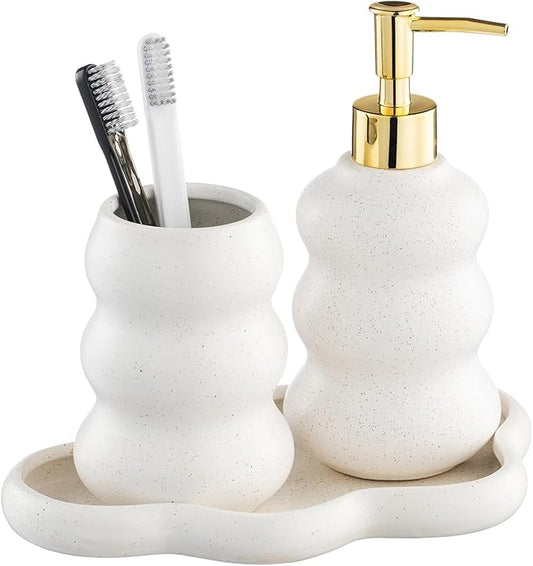 3-Piece Ceramic Bathroom Accessories Set with Sand Point Glaze Design - Tray, Lotion Dispenser, and Tumbler - Bring Nature to Your Bath