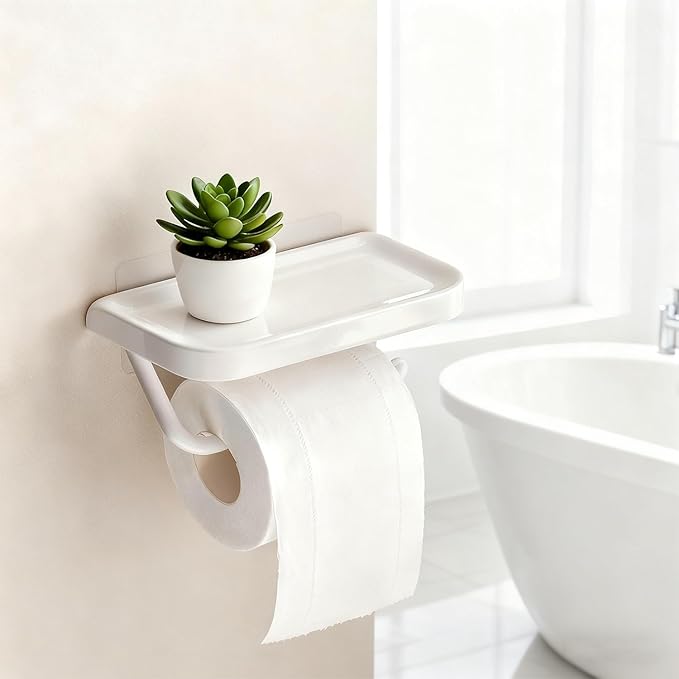 Self Adhesive Toilet Paper Holder with Shelf, No Drill Wall Mounted Bathroom Tissue Holder, Sticky TP Roll Holder with Phone Shelf for RV, White