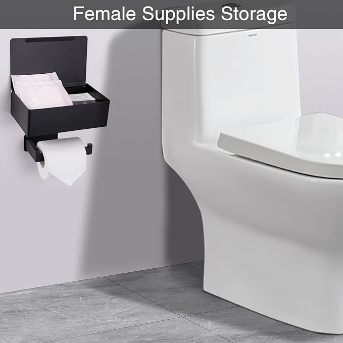 Adhesive Toilet Paper Holder with Shelf and Storage, Wall Mount Toilet Paper Roll Holder & Flushable Wipes Dispenser Set Fits Any Bathroom, Stainless Steel Tissue Holder-Square, Matte Black
