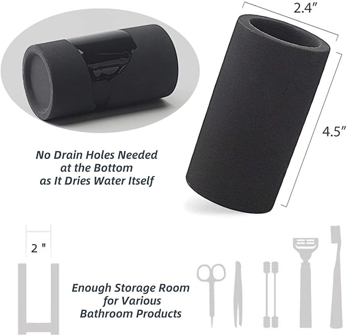 Organic Diatomite Toothbrush Toothpaste Makeup Brushes Razors Holder Bathroom Countertop Organizer Stand Cup Organizer (Black)