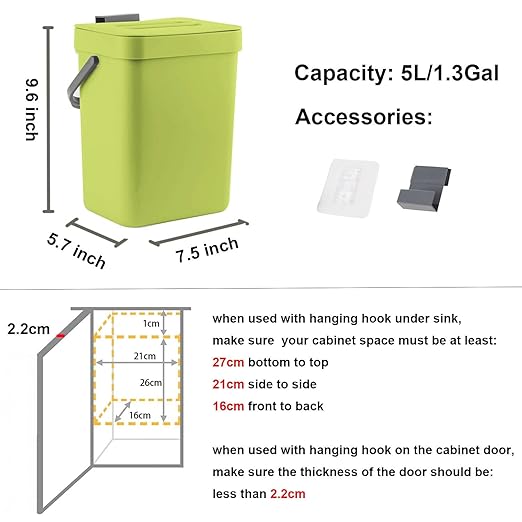 LALASTAR Small Plastic Trash Can, Hanging Small Trash Can with Lid Under Sink for Kitchen, Food Waste Bin for Countertop, Mountable Garbage Can for Bathroom, RV, 5L/1.3 Gal, Green