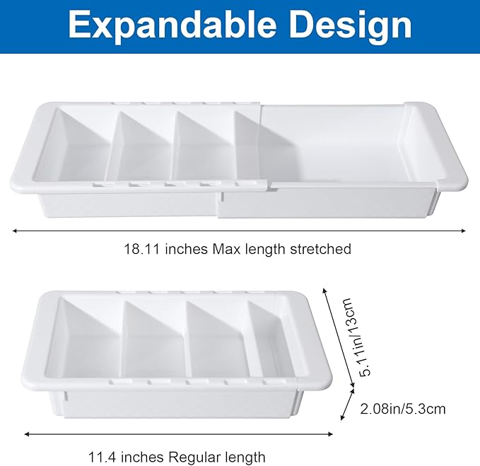 2 PCS Sliding Drawer Tray with Adjustable Dividers, Expandable Kitchen Storage Organizer, Sliding Drawer Bin, Expandable Drawer Organizer, Drawer Organizer Trays For Utensils, Flatware, Junks