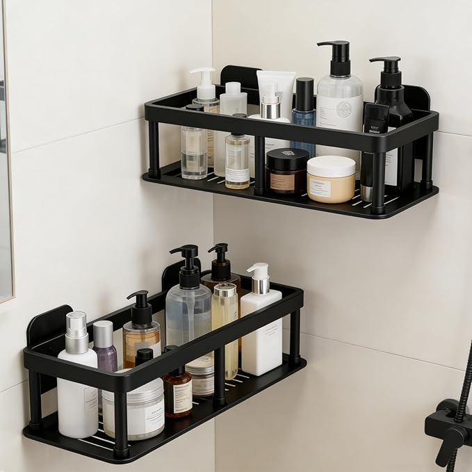 ACEXINYAN Shower Caddy Adhesive, Self-Adhesive Bathroom Shelves Basket, 2 Pack Large Capacity Shower Shelve for Inside Shower, No Drilling Bathroom Organizers and Storage for Home Decor (2, Black)