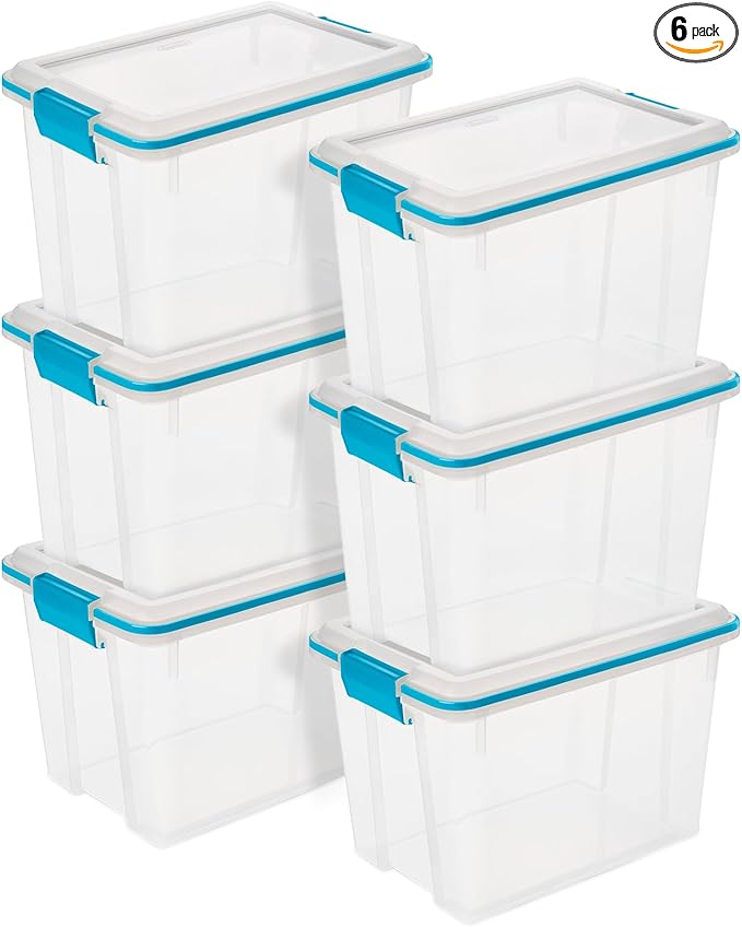 Sterilite 6-Pack Gasket Box, Clear Plastic Storage Bins with Latching Lids, 20 Qt - Large Stackable Tote Containers for Home, Closet, Bathroom, and Office Organization