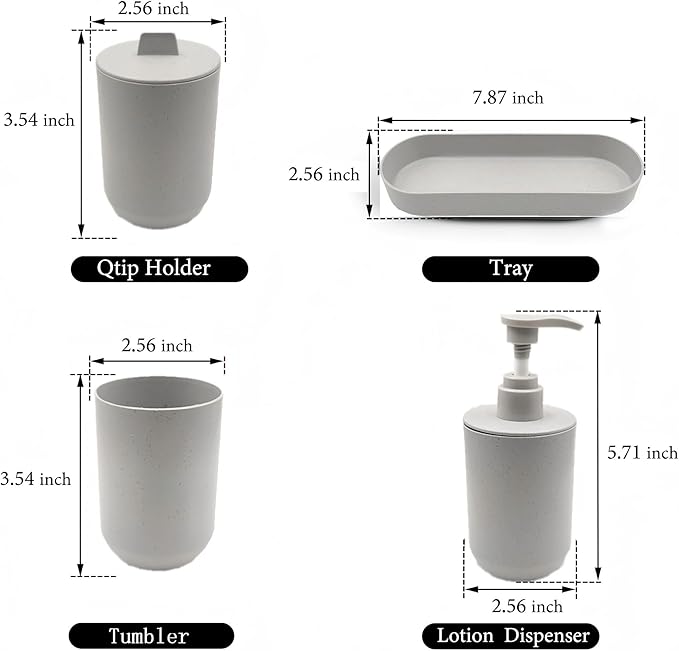 4-Piece Light Gray Bathroom Organizer Set, Plastic Countertop Storage with Lotion Soap Dispenser, Tumbler, Cotton Swab Cup & Vanity Tray – Clean Bathroom Decor for Modern Spaces