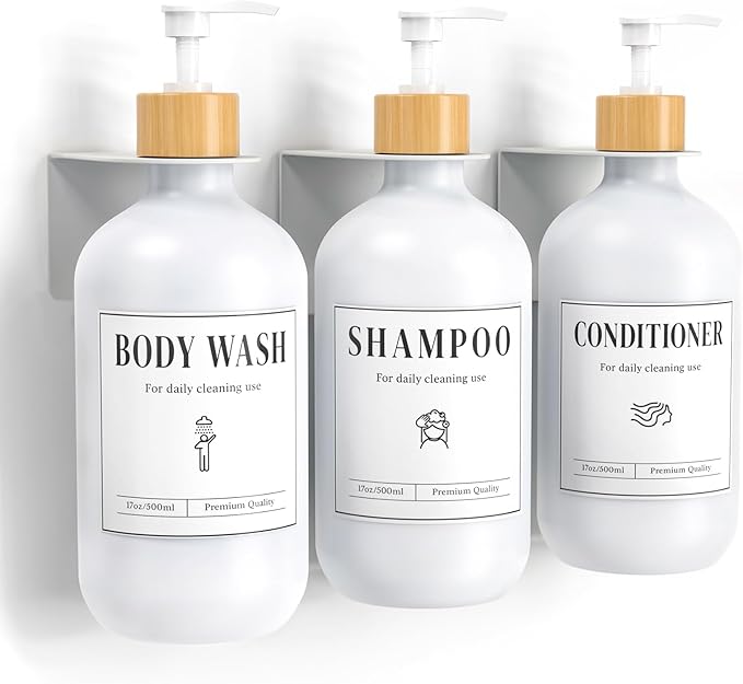 Luxspire Shampoo and Conditioner Dispenser, Shower Soap Dispenser Wall Mounted 3 Sets Plastic Bottles Bamboo Pump, 17OZ Shampoo and Conditioner Bottles for Bathroom, Shower Wall and Hotel, White