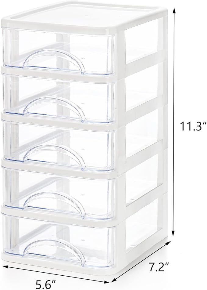 Hedume Desktop Drawer, Clear 5 Drawer Desktop Storage Unit, White Frame with Clear Drawers, Drawer Unit