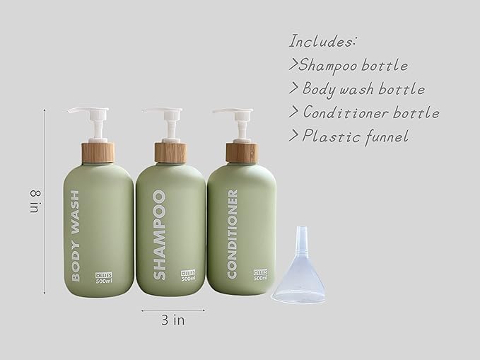 OLLIES Shampoo and Conditioner Dispenser, Shower Soap Dispenser for Bathroom, Set of 3 with Permanent Stylish Label, 17oz, 500ml Refillable Shampoo and Conditioner Bottles Green