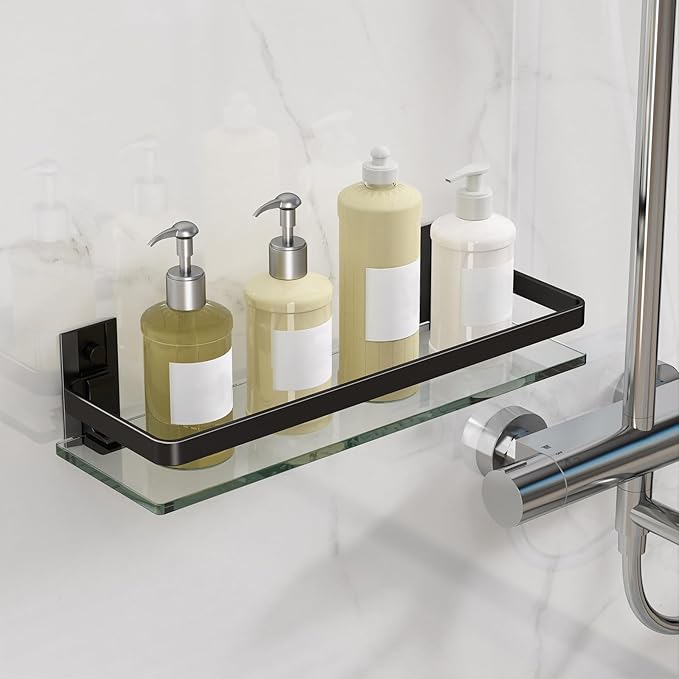 Danpoo Clear Tempered Glass Wall Shelf, Wall-Mounted Organizer for Bathroom, Kitchen(Matte Black)