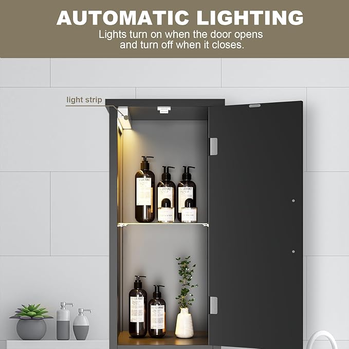 Hawkrown 67" Tall Bathroom Storage Cabinet with Lights, Slim Narrow Bathroom Cabinet Organizer with Doors and Adjustable Shelves, Tall Cabinet for Small Space (66.9" Tall-Black with Light)