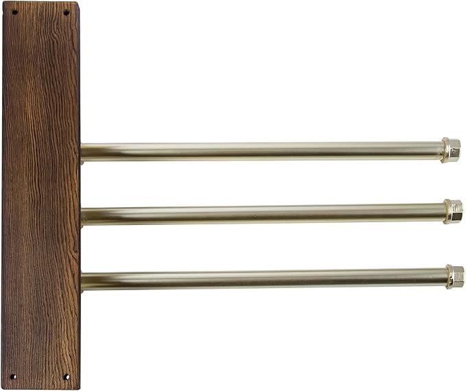 MyGift Swivel Towel Rack, Wood Towel Bar Holder with 3 Tier Industrial Metal Pipe, Wall Mount Towel Hanger Storage for Bathroom, Kitchen, Pool Outdoor (Brass)