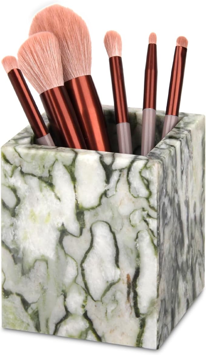 Natural Marble Toothbrush Holder for Bathroom Countertop (8.5x8.5x10cm) - Multifunctional Organizer for Makeup Brushes, Vanity Accessories & Utensils Sink (1, Green Emerald)