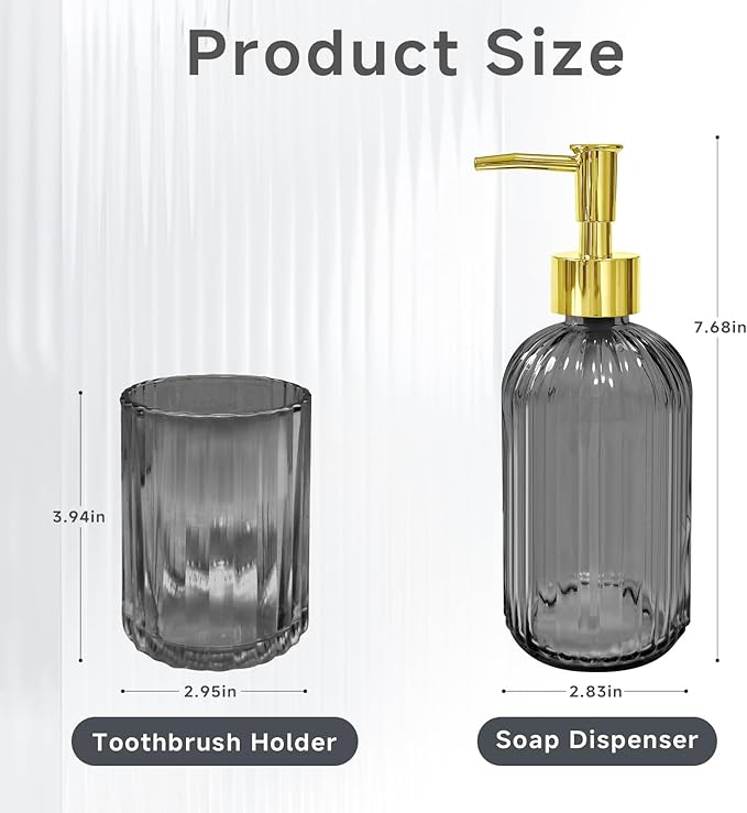2 PCS Grey and Gold Glass Bathroom Accessory Sets, Grey Bathroom Set, Soap Dispenser and Toothbrush Holder Set for Modern Bathroom Decor
