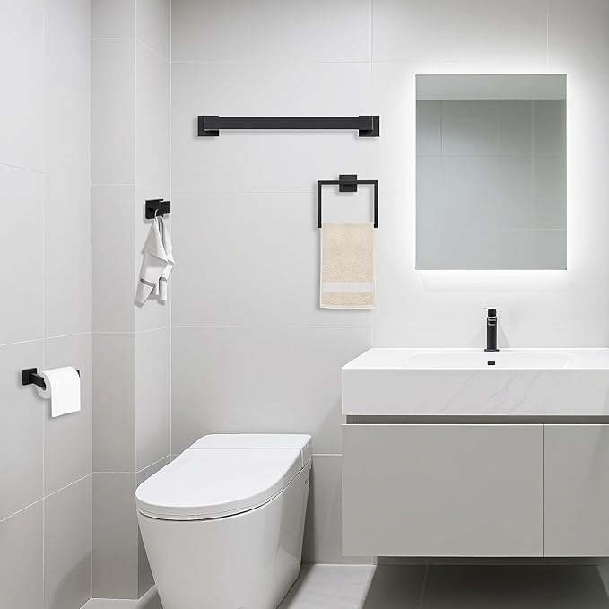JOPOFI 5 Piece Bathroom Towel Bar Set - SUS304 Stainless Steel Bath Towel Holder, 15.7 Inch Towel Racks for Bathroom Wall Mounted, Bathroom Hardware Accessories Set - Matte Black