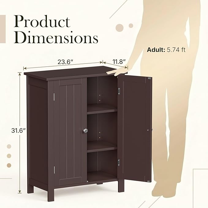 SUPER DEAL Modern Bathroom Floor Storage Cabinet with Adjustable Shelf and Double Door Rust Proof, Living Room Modern Home Furniture Storage Organizer Cabinet, Brown