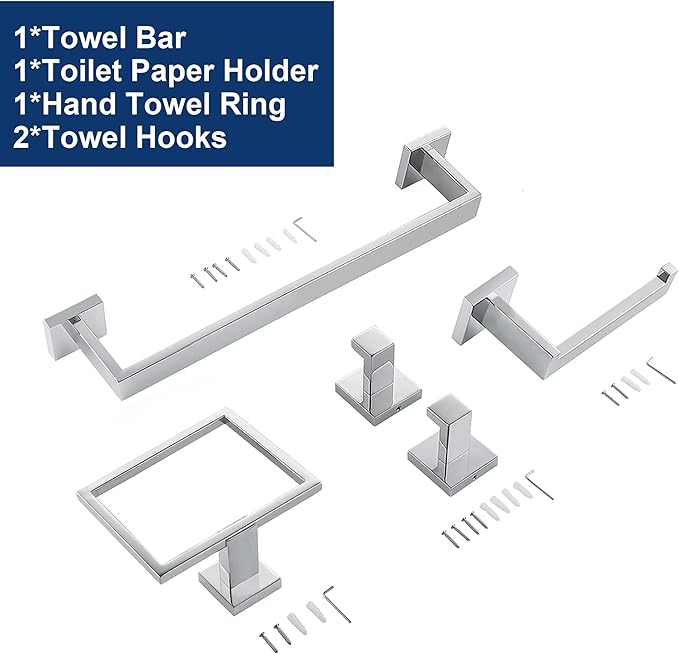 10 Pieces Bathroom Hardware Accessories Set Polished Chrome, Bathroom Towel Rack Set SUS304 Stainless Steel, Square Bath Towel bar Set Heavy Duty, Wall Mounted