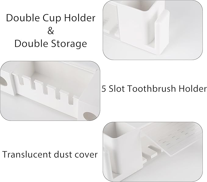 5 Slots Wall Mount Toothbrush Holder with Cover, Self Adhesive Toothbrush Storage Organizer for Shower, Toothpaste & Toothbrush Hanger for Bathroom, Medicine Cabinet, Dorm (White Large)