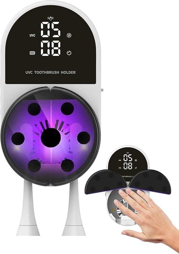 UV Toothbrush Sanitizer Holder | Wall Mounted UV-C Toothbrush Cleaner | Tooth Brush Sanitizer Holder Auto Shut-Off, USB Rechargeable, Fits All Brushes, Bathroom Organizer