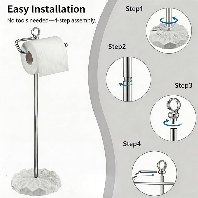 ROLABAM Modern Free Standing Toilet Paper Holder with White Marble Pattern Weighted Base, Brushed Nickel Rustproof Metal Tissue Stand, Decorative Bathroom Floor Roll Holder