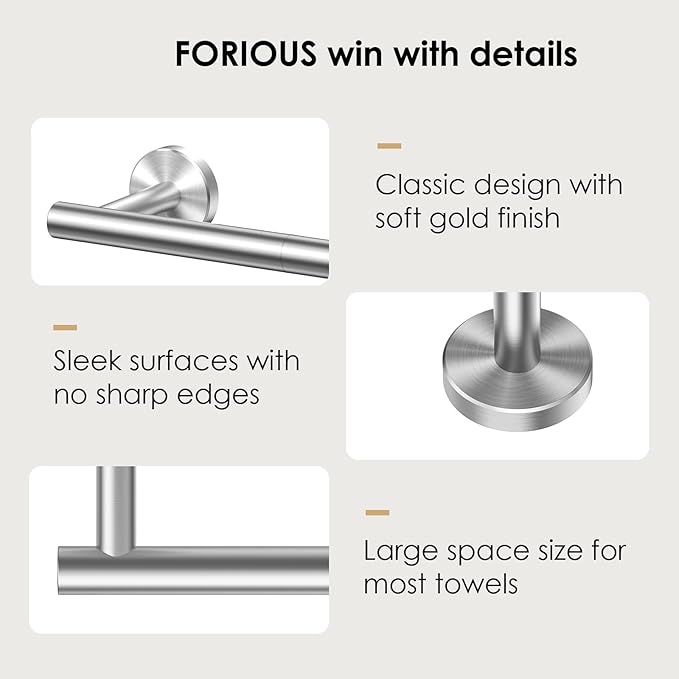 FORIOUS Towel Bar Wall Mounted, Stainless Steel Towel Racks for Bathroom 18 Inch, Includes Wall Mounting Hardware (Brushed Nickel, Total Length 20 Inch)
