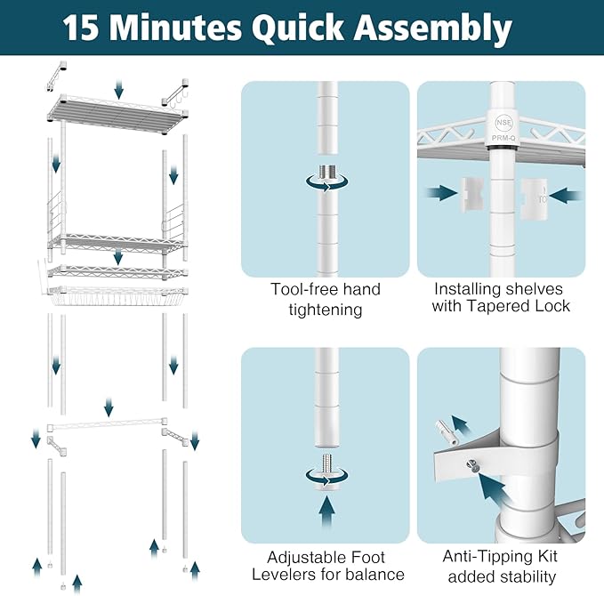 PrimeZone Over The Toilet Storage Rack - 4 Tier Adjustable Bathroom Shelf Organizer, Metal Space Saver Over Toilet with 2 Hooks, Freestanding Above Toilet Storage Shelves for Bathroom Laundry, White
