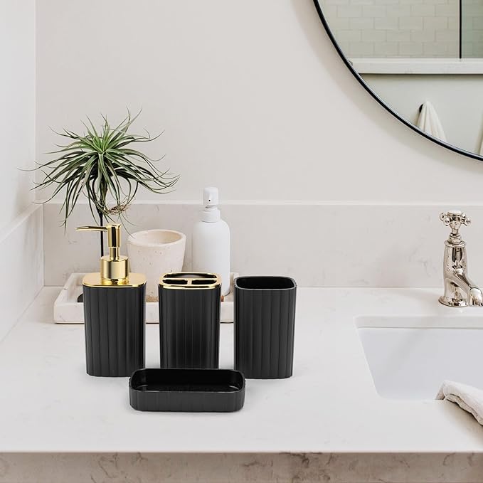 4-Piece Bathroom Accessories Set, Black and Gold Bathroom Set Includes Soap Dispensers, Toothbrush Holder, Soap Dish and Cup, Black Gold Bathroom Decor for Modern Homes