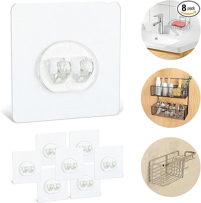 8 Pack Shower Caddy Adhesive Hooks Replacement, Strong sticker Single Hooks for Bathroom Shower Caddy Corner Shelf basket Soap Dish adhesive hanging Hooks, No Drilling Wall Shower Kitchen Accessories
