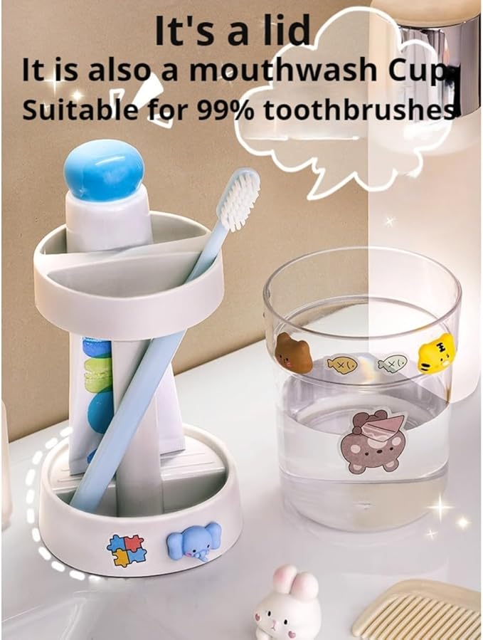 Kids Toothbrushes Holder with Cute Cup, with Kawaii Badge Sticker, Electric Toothbrush Holder for Kids Toddler, Tooth Brush Stand, Creative Bathroom Organizer Storage (Blue)