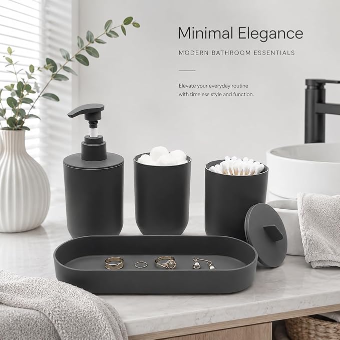 4-Piece Dark Gray Bathroom Accessory Set, Plastic Home Organizer with Lotion Soap Dispenser, Tumbler, Cotton Swab Cup & Vanity Tray – Modern Home Decor for Any Bathroom