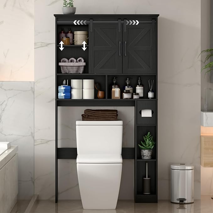 Halitaa Over The Toilet Storage Cabinet,Farmhouse Space-Saving Toilet Rack with 2 Sliding Barn Doors,Bathroom Organizer with Toilet Paper Holder Stand & Storage Shelves,for Laundry, Bathroom,Restroom