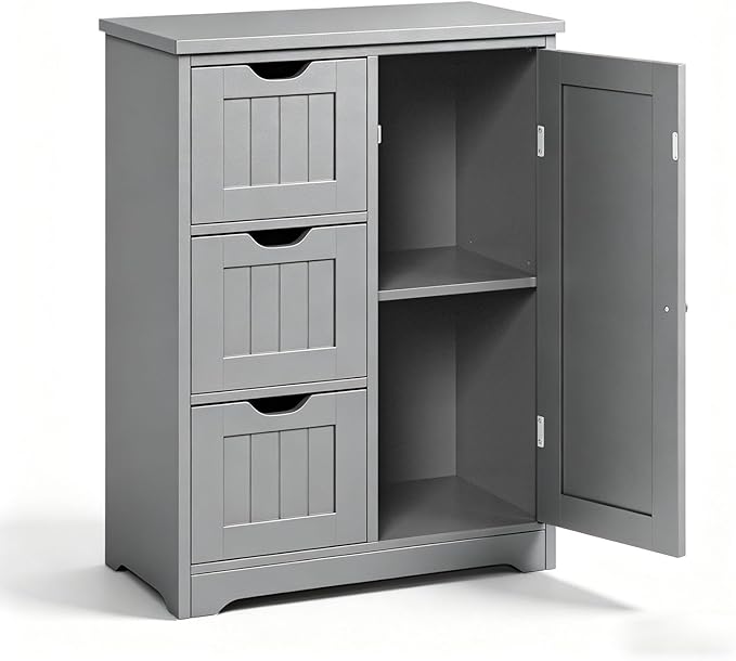 SUPER DEAL Bathroom Storage Cabinet with 3 Drawers and 1 Door, Entryway Home Decor Furniture Towels Storage Organizer Unit, Grey