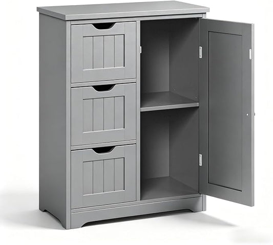 SUPER DEAL Bathroom Storage Cabinet with 3 Drawers and 1 Door, Entryway Home Decor Furniture Towels Storage Organizer Unit, Grey