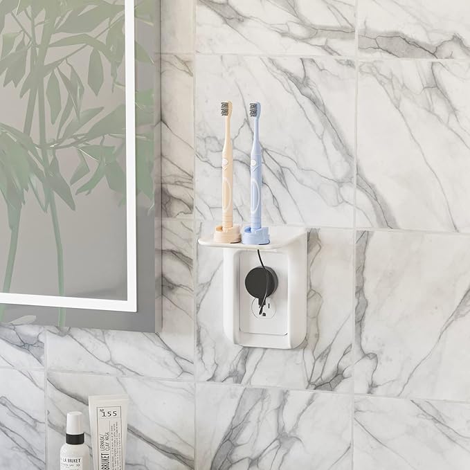 WALI Outlet Shelf Wall Holder,Bathroom Walls Shelves up to 10lbs Standard Vertical Duplex Wall Shelf Organizer for Smart Home Decor Space Saving Power Tools, Toothbrush (OLS002-W), 2 Pack, White