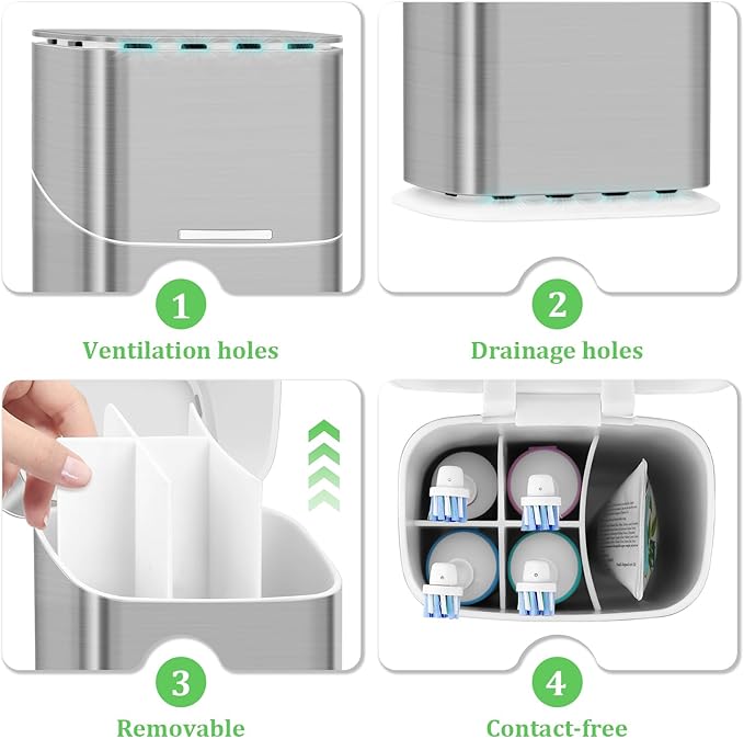 GFWARE Electric Toothbrush Holders with Cover - Dustproof Tooth Brush Holder for Bathroom, Covered Toothpaste and Toothbrush Holder with Drainage, Bathroom Toothbrush Organizers with Lid, Silver
