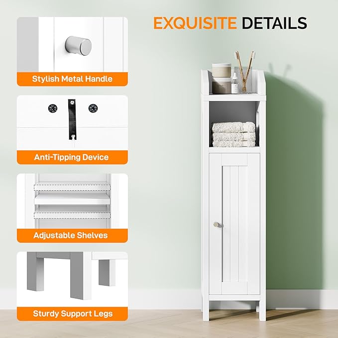 VINGLI Small Storage Corner Floor Cabinet, 7.9" Narrow Toilet Paper Storage Holder with Fluted Door, Skinny Freestanding Organizer for Small Spaces, Slim Bathroom Storage Cabinet, White