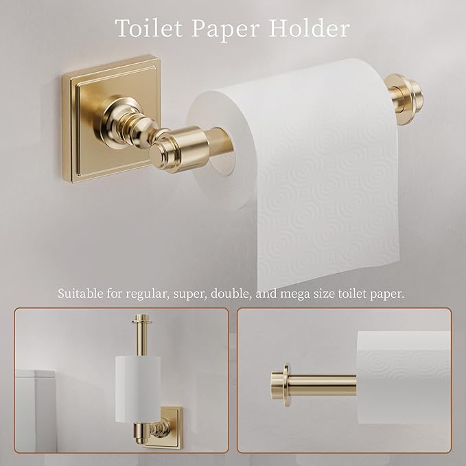 Champagne Gold Bathroom Towel Bar Set, 5 Piece Bathroom Hardware Accessory Set, SUS304 Stainless Steel 24" Towel Rack Holder Set for Bathroom, Wall Mounted