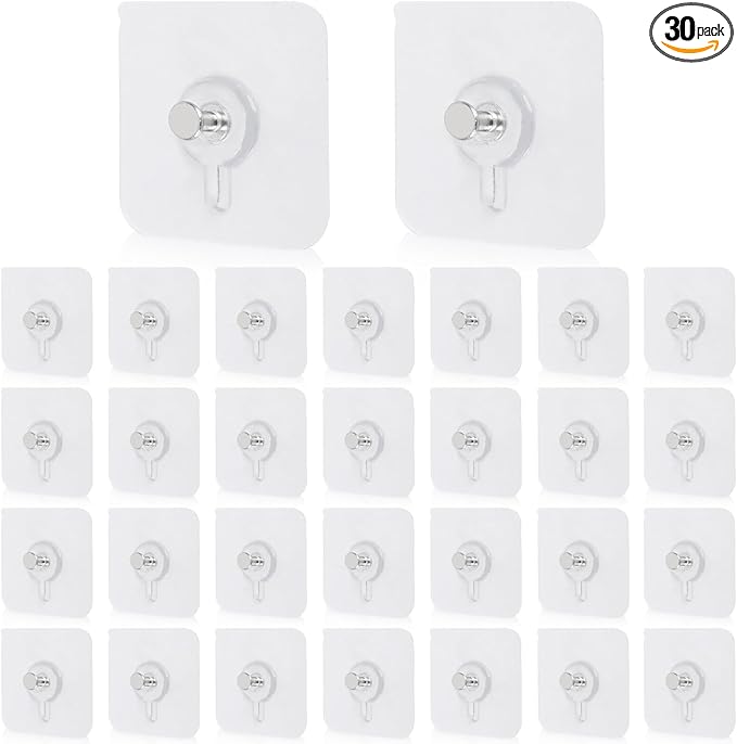 30 Pcs Self Adhesive Wall Hooks No Drill Hooks for Hanging, No-Trace Sticker Frame Hangers Without Nails for Mount Wall Shelf, Bathroom, Heavy Duty Adhesive Wall Hooks for Kitchen (30, m)