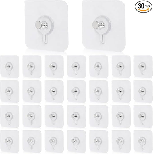30 Pcs Self Adhesive Wall Hooks No Drill Hooks for Hanging, No-Trace Sticker Frame Hangers Without Nails for Mount Wall Shelf, Bathroom, Heavy Duty Adhesive Wall Hooks for Kitchen (30, m)