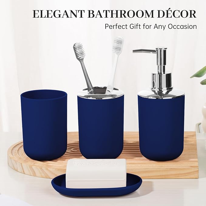 Bathroom Accessory Set, 4 Pcs Plastic Bathroom Set Include Soap Dispenser, Soap Dish, Toothbrush Holder, Mousewash Cup, Modern Bahtroom Décor Set, Space Save for Bathroom (Blue)