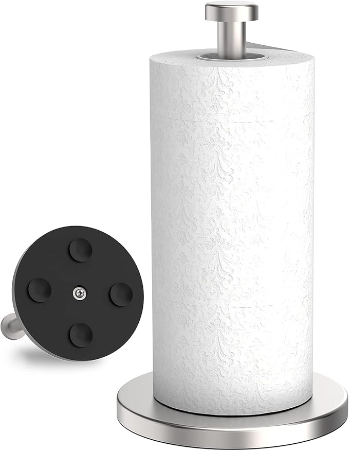 VEHHE Paper Towel Holder Countertop, Stainless Steel Paper Towel Holder Stand with Weighted Base Suction Cups, Standing Paper Towel Roll Holder for Kitchen Bathroom (Silver)